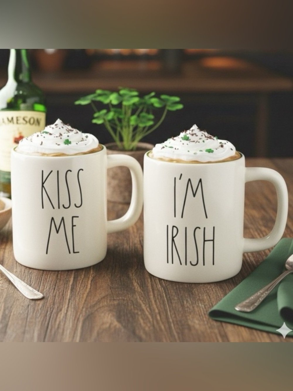 Rae Dunn Kiss Me I’m Irish Double Sided Four Leaf Clover 16oz Mugs White Green